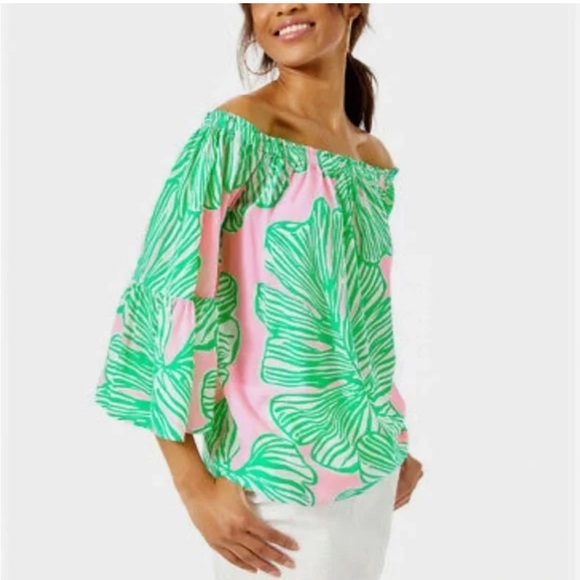 Lilly Pulitzer Nevie Top Off Shoulder Bell Sleeve Summer Blouse, Size XS, NWT - Picture 1 of 11